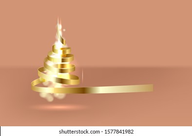 Merry Christmas and Happy New Year. Christmas tree made by Gold ribbon roll. Vector.