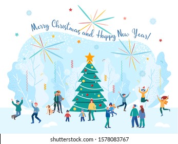 Merry Christmas and Happy New Year  Poster Banner Vector Illustration Merry happy people with children around the Christmas tree celebrate Christmas and New Year