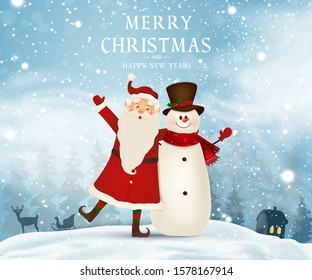 Merry Christmas. Happy new year. Funny Santa Claus with cute snowman in Christmas snow scene winter landscape with christmas tree, deer with sleigh. Happy Santa Claus cartoon character. vector.