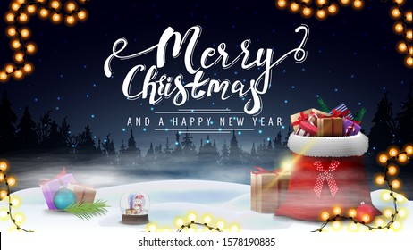 Merry Christmas and Happy New Year, blue postcard with night winter landscape and Santa Claus bag with presents in the fog