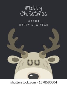 Merry christmas and happy new year greeting card. Festive inscription and large deer head. Vector illustration.