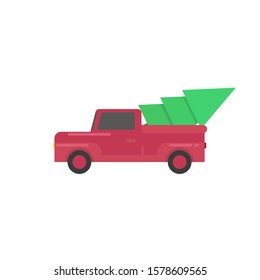 Merry Christmas and Happy New Year. Pickup truck with Christmas tree . Vector illustration in flat design