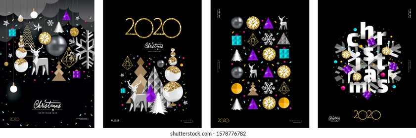 Merry Christmas and a happy new year 2020! Modern abstract geometrical illustration of a Christmas tree, snowflake and toys for the holiday poster, banner, card, background or pattern
