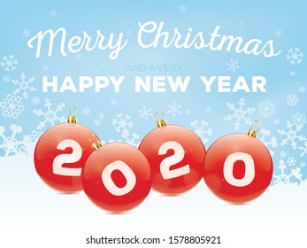 Merry Christmas and Happy New Year 2020 Greeting Card Vector illustration With Baubles and Snow Flakes