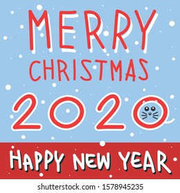 Merry Christmas, Happy New Year 2020, Red Characters on Blue Background, Greeting Cards, Banners, Posters, Illustrations.