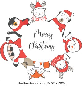 Merry Christmas and Happy New Year Postcard. Cute flat characters. 