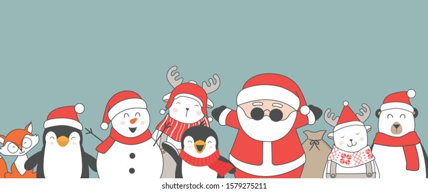 Merry Christmas and Happy New Year Postcard. Cute flat characters. 