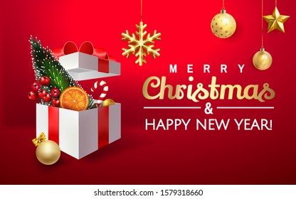 Merry Christmas and Happy New Year Holiday banner with snowflakes and gift box full of Christmas decorations, gifts in red background. Fir tree, pine, orange, Christmas ball and red berries  in box