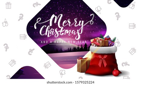 Merry Christmas and happy New Year, white postcard with decorative large figures, winter landscape and Santa Claus bag with presents