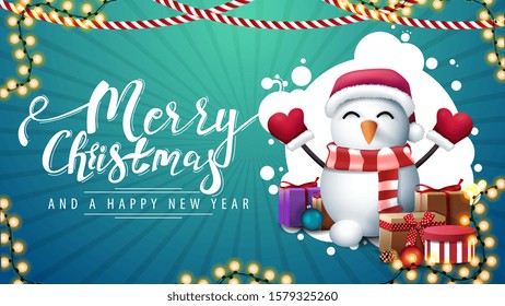 Merry Christmas and happy New Year, green postcard with abstract cloud of circles, garlands and snowman in Santa Claus hat with gifts