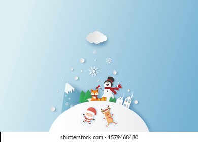 Merry Christmas and Happy New Year with Santa claus and Reindeer and Redfox and Snowman winter landscape. Paper art vector illustration style.