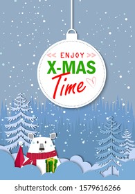 Merry Christmas and Happy New Year. Illustration of cuts polar bear, paper art and digital craft style, Christmas background copy space for text or messages for the New Year. ENJOY christmas Time