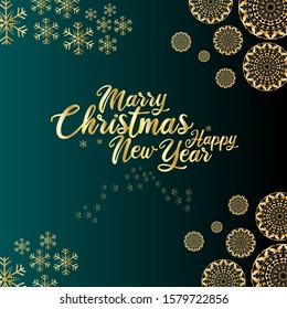 Merry Christmas and Happy New Year lettering template. Greeting card invitation with golden snowflakes. Winter holidays related typographic quote. Vector vintage illustration.