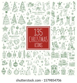 Merry Christmas and Happy new year hand drawn doodle set. Vector illustration. Isolated elements on white background. Symbol collection.
