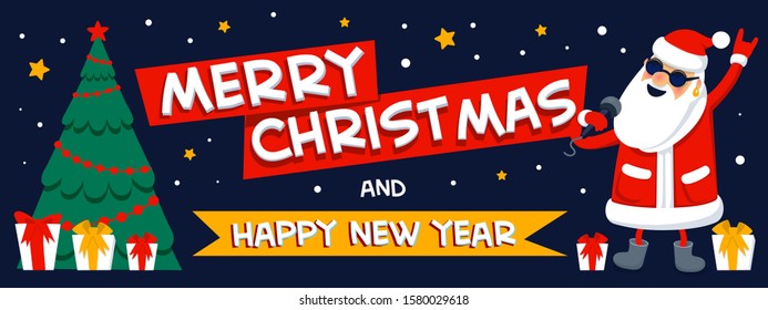 Merry christmas and happy new year greeting. Singing Santa Claus - rock star with merry christmas inscription on dark background. Xmas horizontal banner or cover. Flat style vector illustration.