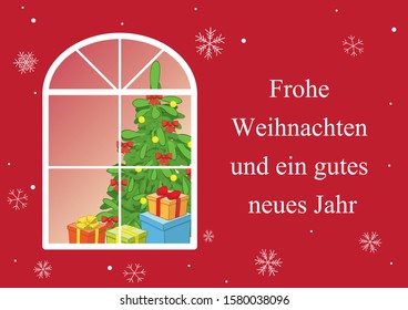 Merry Christmas and Happy New Year on german - red vector postcard with new year tree in window