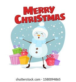 Merry Christmas and a Happy New Year cute illustration. Happy Snowman with gifts wishes Merry Christmas. Vector
