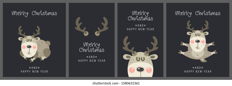 Merry christmas and happy new year greeting card. Cute christmas deer with horns and greeting lettering. Vector illustration.