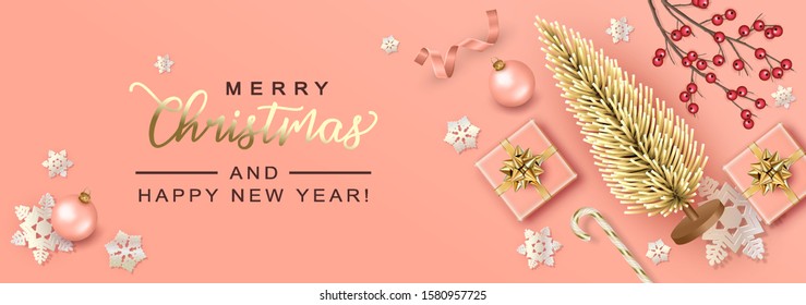 Merry Christmas and Happy New Year background. Christmas vector card with a gift, artificial Christmas tree, festive decorations and snowflakes. Horizontal Christmas poster, website header