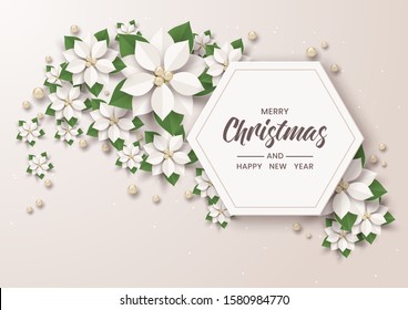 Merry Christmas and happy new year greeting card,Cream poinsettia flowers,Paper art design and craft style
