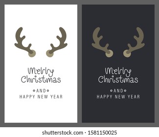 Merry christmas and happy new year greeting card. Festive inscription and large deer horns. Vector illustration.