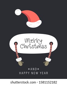 Merry christmas and happy new year greeting card. Festive inscription, hands in mittens and hat. Vector illustration.