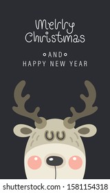 Merry christmas and happy new year greeting card. Festive inscription and large deer head. Vector illustration.