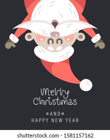 Merry christmas and happy new year greeting card. The inscription and santa claus. Vector illustration.