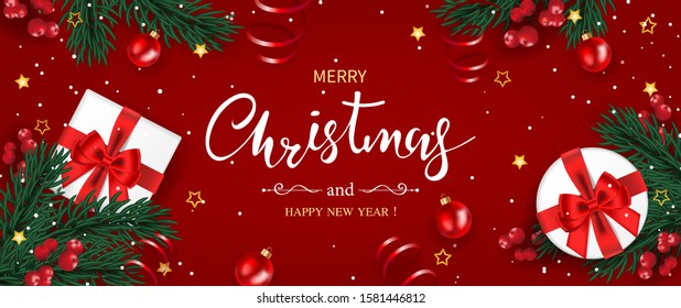 Merry Christmas and Happy new year banner decorated with gifts box, green pine branches,  snowflake, holly berry, and red ball. Top view. Vector illustration.