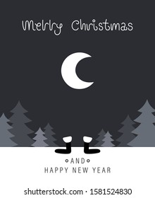 Merry christmas and happy new year greeting card. The inscription and moon in the forest. Vector illustration.