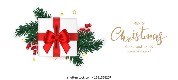 Merry Christmas and Happy new year banner. Gift box decorated with red bow, green pine branches, holly berry and star on white background. Vector illustration.