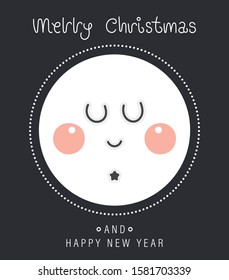 Merry christmas and happy new year greeting card. Cartoon christmas character. Cute nightly new year's rosy moon. Vector illustration.