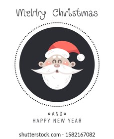 Merry christmas and happy new year greeting card. The inscription and santa claus head. Vector illustration.