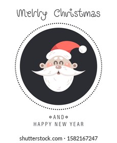 Merry christmas and happy new year greeting card. The inscription and santa claus head. Vector illustration.