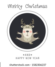Merry christmas and happy new year greeting card. Cartoon christmas character. The head of a cute funny rosy deer. Vector illustration.