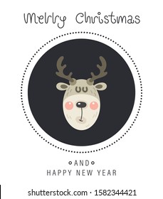 Merry christmas and happy new year greeting card. Cartoon christmas character. The head of a cute funny rosy deer. Vector illustration.