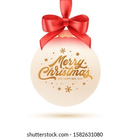 Merry Christmas and Happy New Year typography on 3d realistic fir tree ball hanging on a red bow ribbon. Clear light vector mesh illustration for prints greeting cards posters.