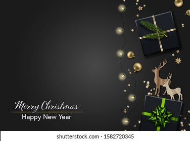 Merry Christmas and Happy New Year card. Xmas composition with bauble balls, gift boxes, fir branch and wooden deers. Winter holidays decorative border. Vector illustration