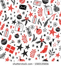Merry Christmas and Happy New Year. Season hand drawn seamless pattern. Vector illustration. Doodle style background. Ornaments, snowflakes, presents. Winter holiday card, poster, invitation

