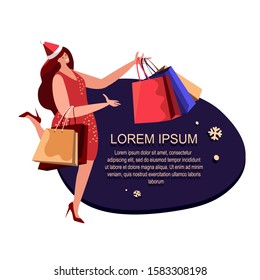 Merry Christmas and Happy New Year Shopping. Happy Young Woman Santa Claus Hat Buy Festive Purchases Presents Gifts Packages for Winter Holidays Fairy Atmosphere of Xmas Sales Flat Vector Illustration