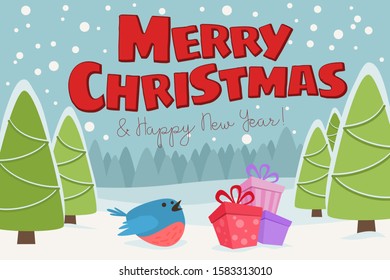 Merry Christmas and Happy New Year cute illustration. Christmas landscape with snow and Christmas trees. Vector