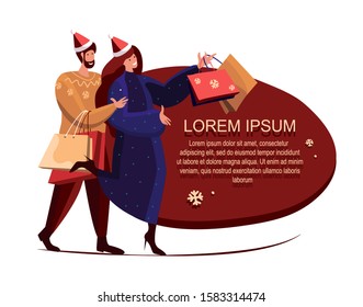 Merry Christmas and Happy New Year Shopping. Loving Couple Woman, Man in Santa Claus Hat Buy Festive Purchases, Presents, Gifts, Packages for Winter Holidays. Fairy Xmas Sales Flat Vector Illustration