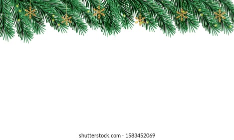 Merry Christmas and Happy New Year background with fir tree branches, hanging gold snowflakes, sparkles. Vector illustration. Winter holiday decorations