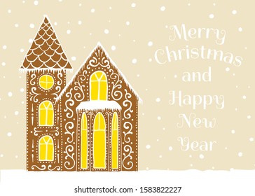 Merry Christmas and Happy New Year. Christmas greeting card with gingerbread house