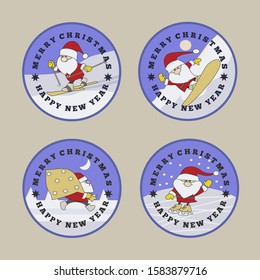 Merry Christmas and Happy New Year stickers set. Cute Santa Claus skating, skiing, snowboarding and going. Cartoon character.
