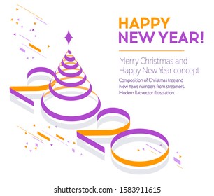 Merry Christmas and Happy New Year greeting card 2020. Christmas tree and numbers made of streamers ribbon. Minimalistic template. Flat vector illustration.