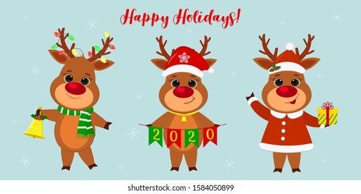 Merry Christmas and a happy new year 2020. Three cute reindeer in different New Year s costumes and with different holiday items. Cartoon, flat style, vector.