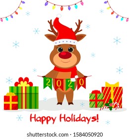 Merry Christmas and Happy New Year greeting card. Cute deer in santa hat and scarf holds 2020 flags on a background of snowflakes, a garland and a box with gifts. Cartoon style, Vector.