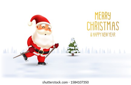 Merry Christmas and Happy New Year. Santa Claus ice skating in Christmas snow scene