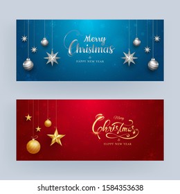 Merry Christmas & Happy New Year Header or Banner Design decorated with Stars and Baubles in two color.